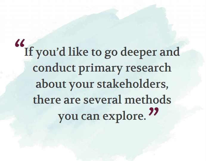 If you'd like to go deeper and conduct primary research about your stakeholders, there are several methods you can explore.