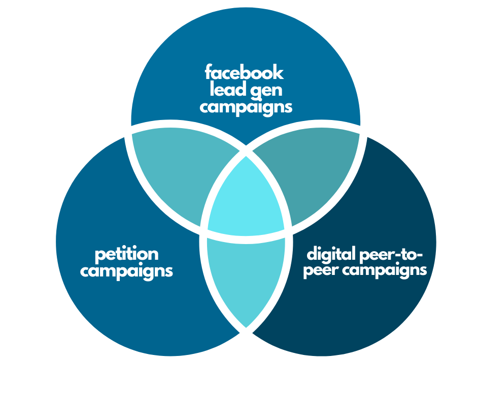 A venn diagram showing the three types of digital donor acquisition campaigns: Facebook lead gen campaigns, petition campaign snd digital peer-to-peer fundraising campaigns