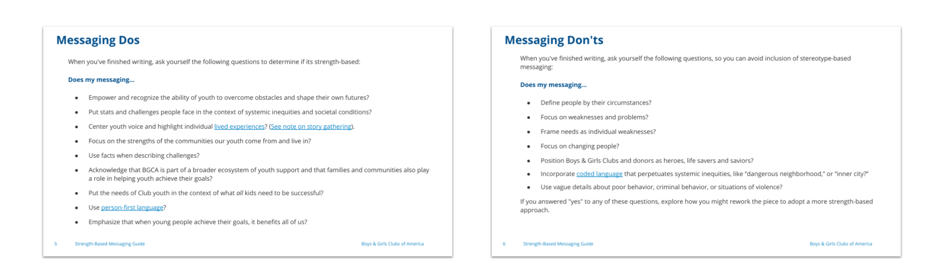 Two sample slides from the Boys and Girls Clubs strength-based messaging guide - messaging dos and messaging don'ts