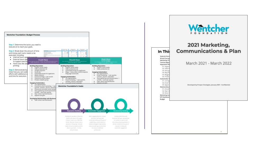 Slides from the marketing and communications plan for Wentcher Foundation.